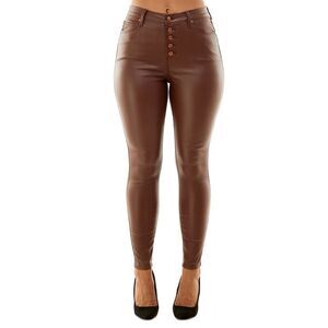 Crave Fame Juniors' Faux-Leather Exposed-Button High-Rise Skinny Jeans - Brown S